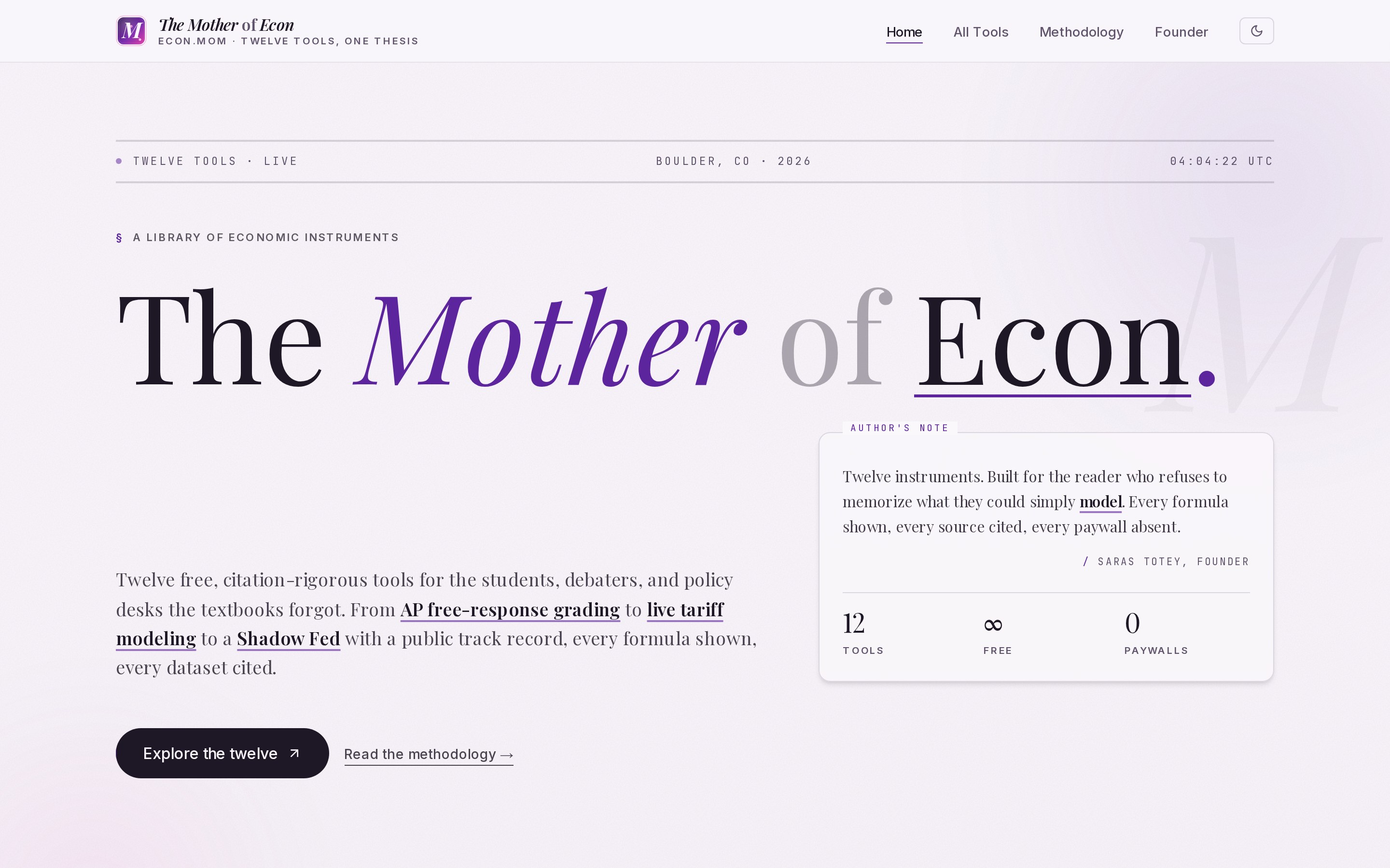 econ.mom by Saras Totey, an editorial library of twelve free economics tools for AP students and educators, built by ATT Agency.