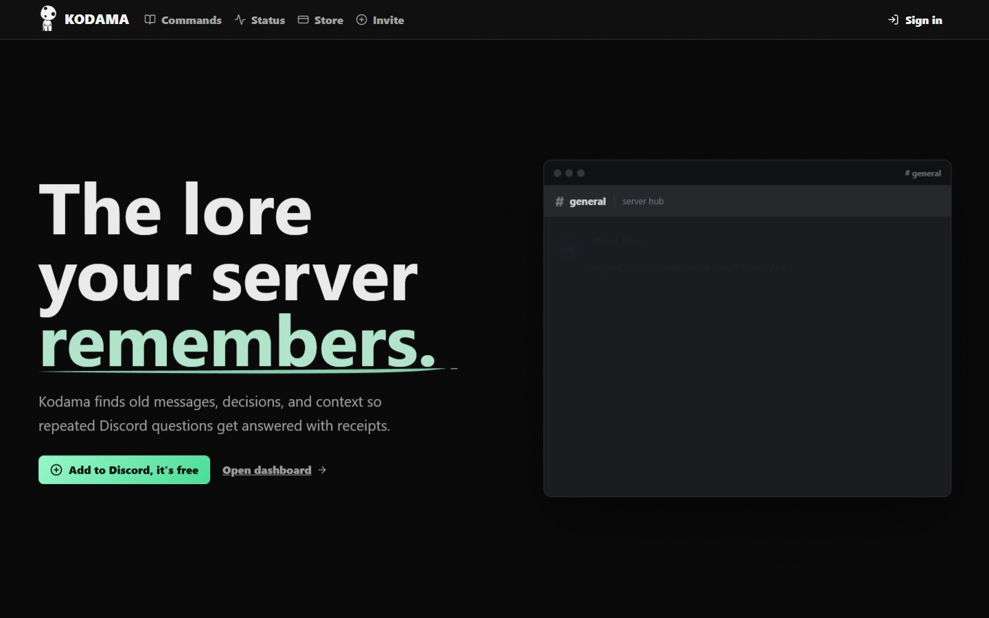 Kodama at askkodama.com, an AI historian Discord bot for server lore, with a black-and-mint marketing site and Discord mock in the hero, built by ATT Agency.