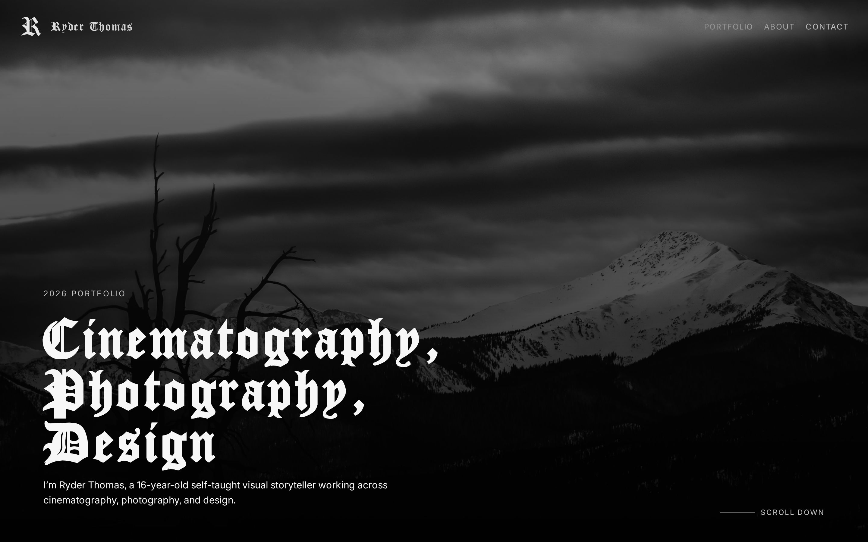 ryderjt.com by Ryder Thomas, a moody monochrome cinematography portfolio with blackletter typography, plus more projects on the ATT Work page.