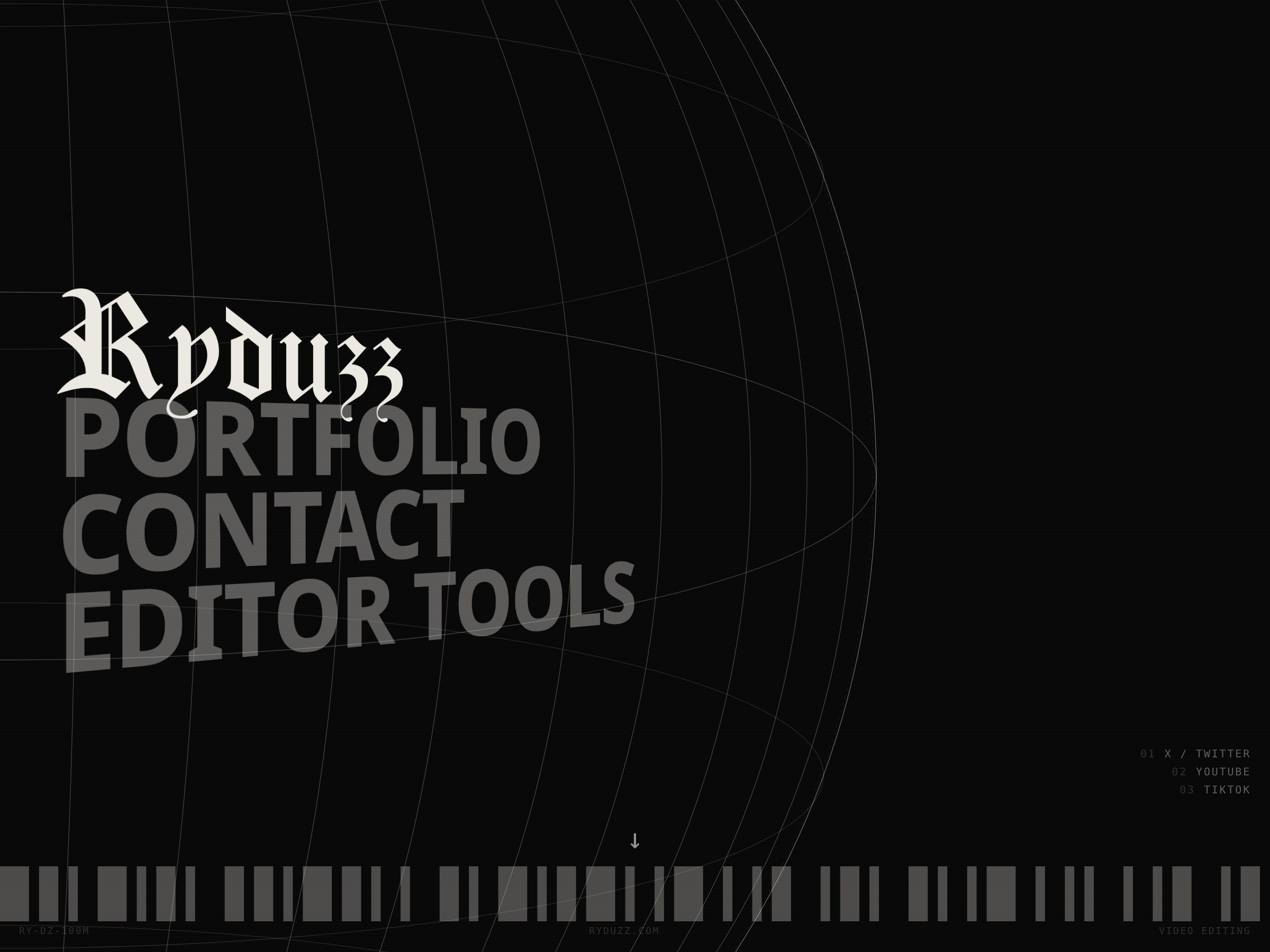 ryduzz.com by Ryder Thomas, a dark portfolio site with blackletter wordmark, technical grid overlay, and barcode footer strip, built by ATT Agency.