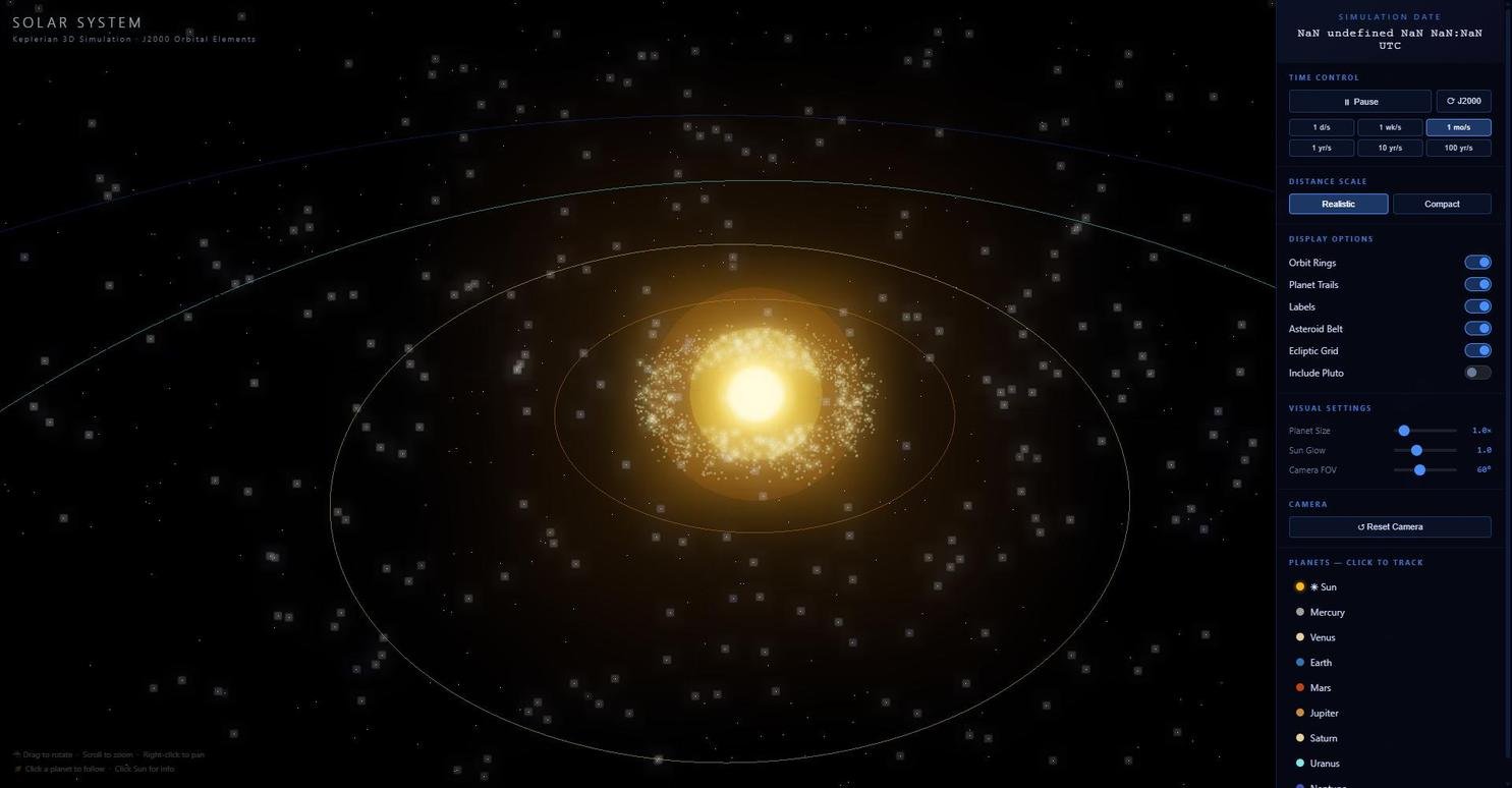solarsystem.dev, a 3D Keplerian solar system viewer using J2000 orbital elements, built by ATT Agency, showing an amber sun with orbit rings against a black starfield.